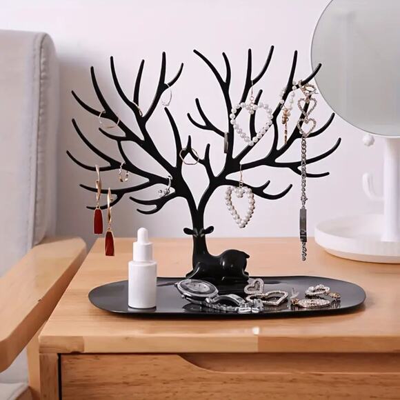 Deer Tree Jewelry Organizer Stand – Black Earring & Ring Holder with Tray - Picture 5 of 5